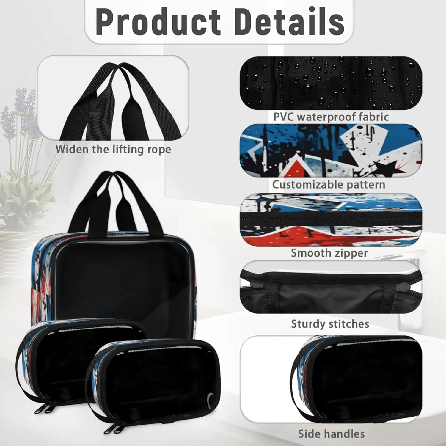 Clear Makeup Bag, 3 Pcs of Translucent Cosmetic Bags Set, Transparent American Flag 4th of July Travel Makeup Pouch, Waterproof Cute Toiletry Bag for Women (Independence Day Blue Red Stars)