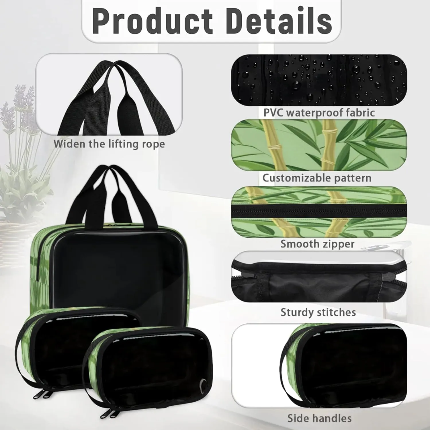 Clear Makeup Bag, 3 Pcs of Translucent Cosmetic Bags Set, Transparent Bamboo Print Travel Makeup Pouch, Waterproof Cute Toiletry Bag for Women (Bamboo)