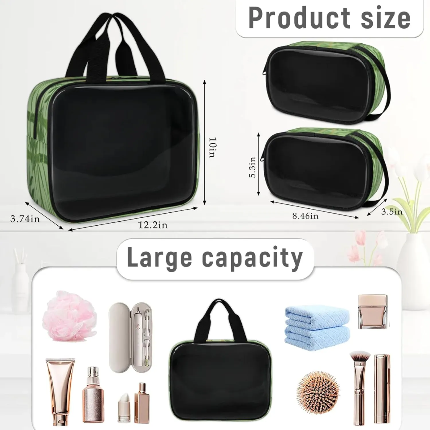 Clear Makeup Bag, 3 Pcs of Translucent Cosmetic Bags Set, Transparent Bamboo Print Travel Makeup Pouch, Waterproof Cute Toiletry Bag for Women (Bamboo)