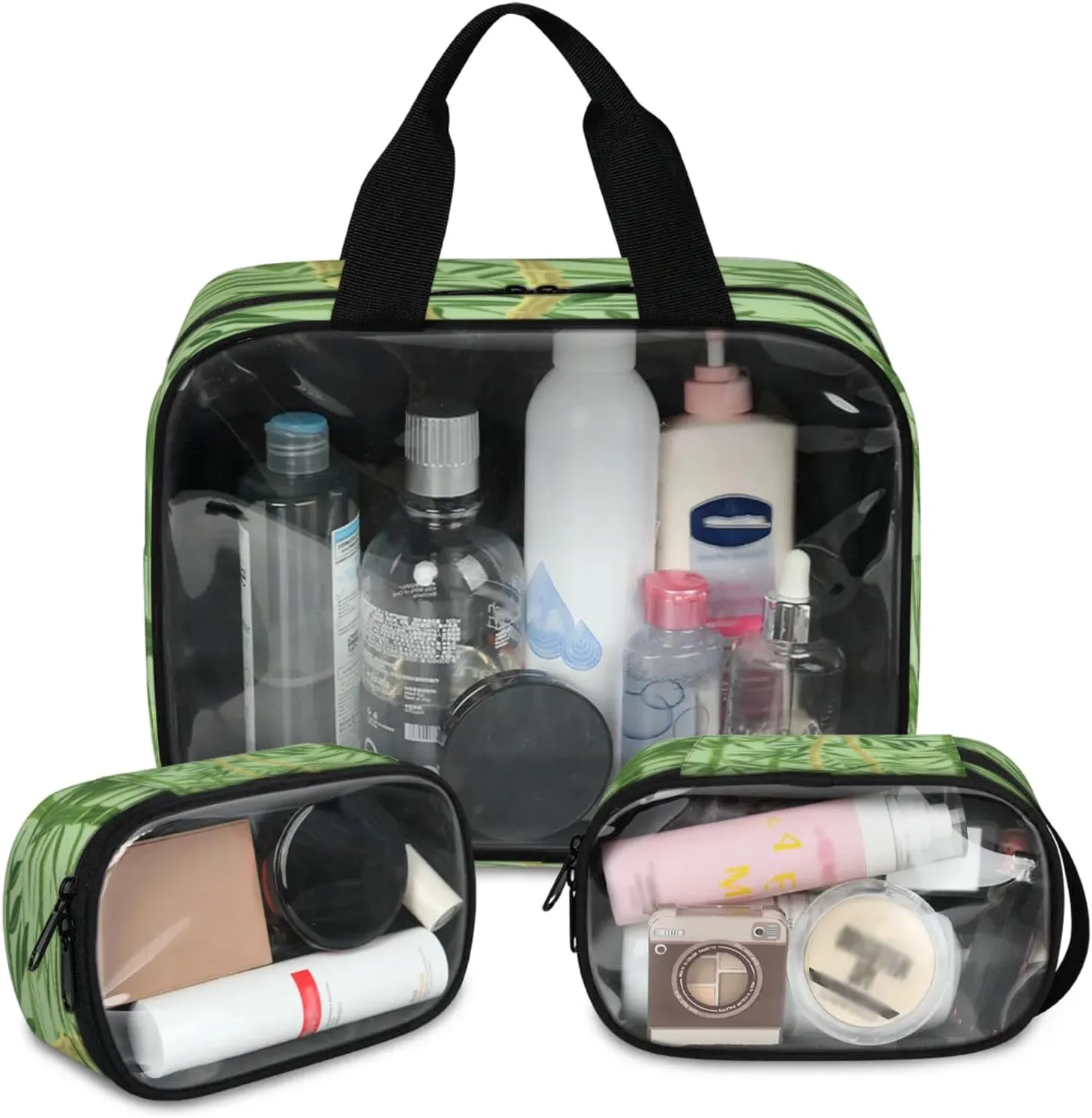 Clear Makeup Bag, 3 Pcs of Translucent Cosmetic Bags Set, Transparent Bamboo Print Travel Makeup Pouch, Waterproof Cute Toiletry Bag for Women (Bamboo)