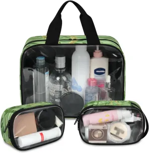 Clear Makeup Bag, 3 Pcs of Translucent Cosmetic Bags Set, Transparent Bamboo Print Travel Makeup Pouch, Waterproof Cute Toiletry Bag for Women (Bamboo)