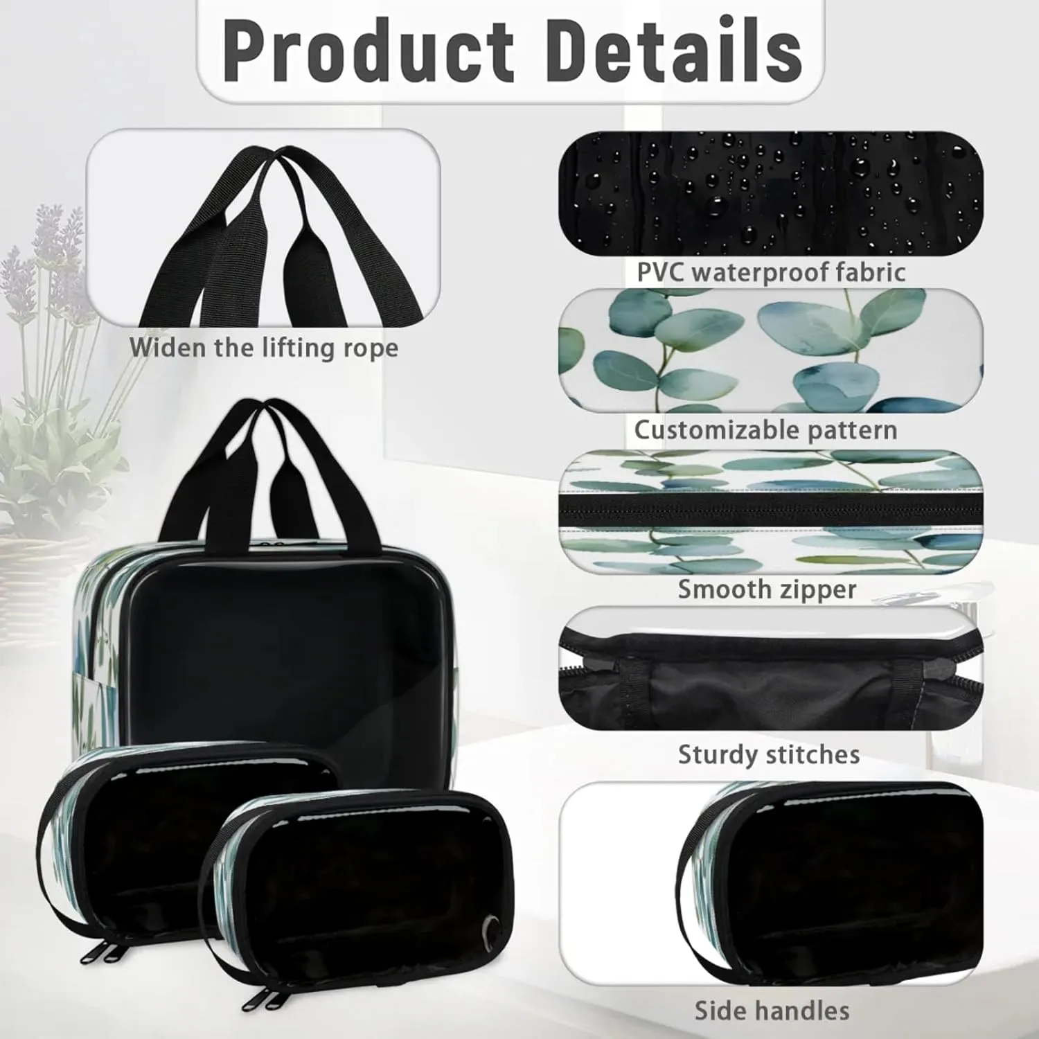 Clear Makeup Bag, 3 Pcs of Translucent Cosmetic Bags Set, Transparent Eucalyptus Leaf Travel Makeup Pouch, Waterproof Cute Toiletry Bag for Women (Sage Green Spring)