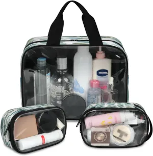 Clear Makeup Bag, 3 Pcs of Translucent Cosmetic Bags Set, Transparent Eucalyptus Leaf Travel Makeup Pouch, Waterproof Cute Toiletry Bag for Women (Sage Green Spring)