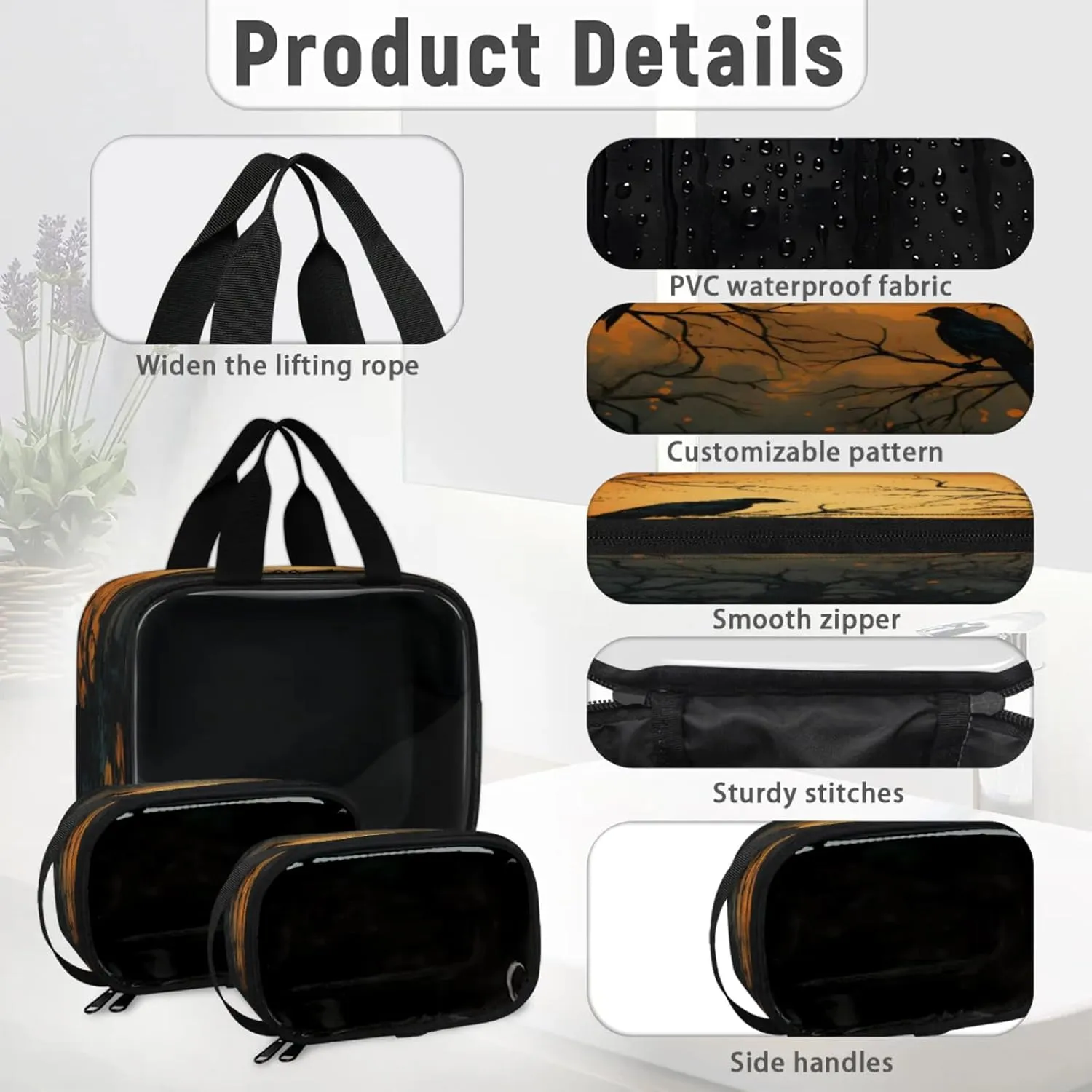 Clear Makeup Bag, 3 Pcs of Translucent Cosmetic Bags Set, Transparent Halloween Primitive Style Travel Makeup Pouch, Waterproof Cute Toiletry Bag for Women (Crows)
