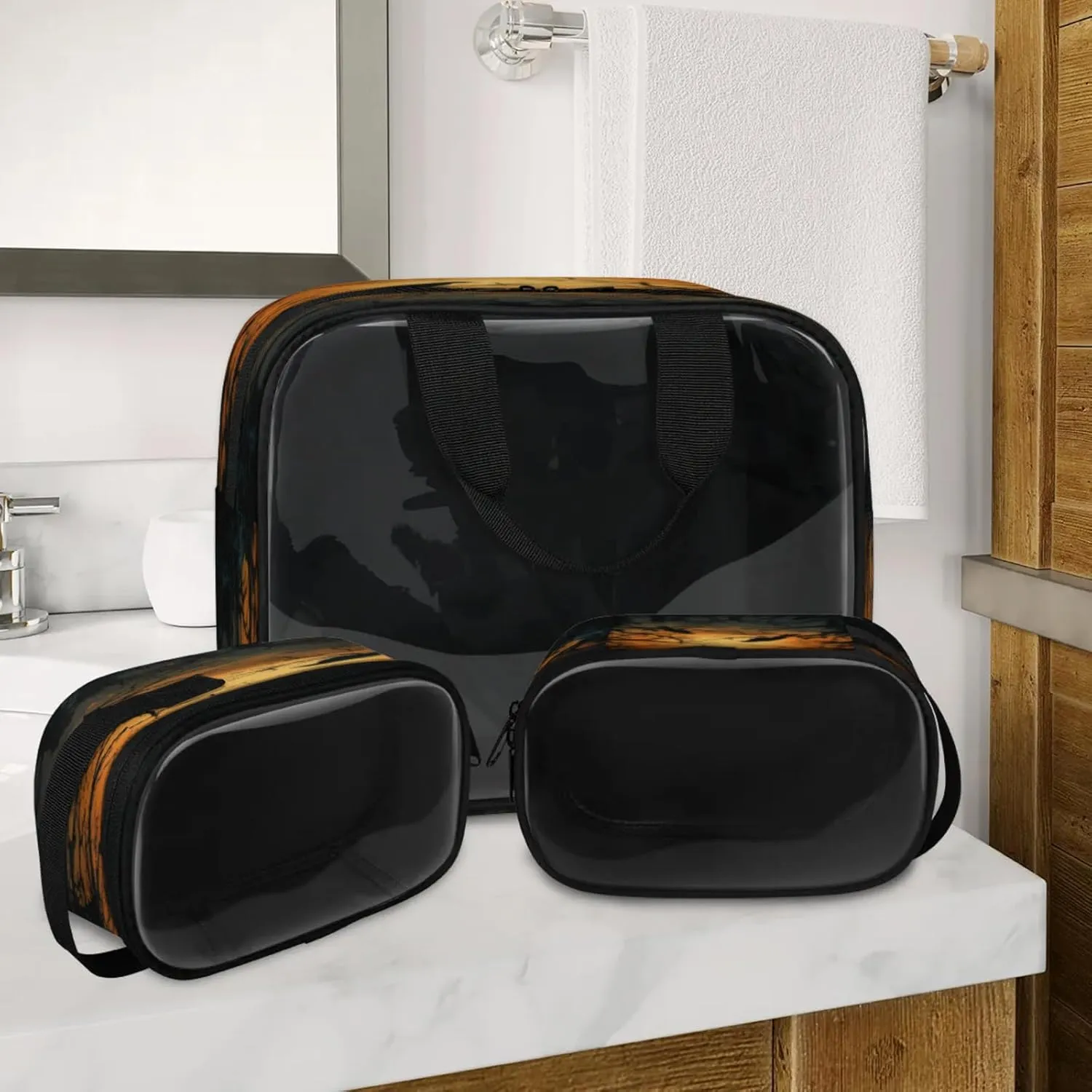 Clear Makeup Bag, 3 Pcs of Translucent Cosmetic Bags Set, Transparent Halloween Primitive Style Travel Makeup Pouch, Waterproof Cute Toiletry Bag for Women (Crows)