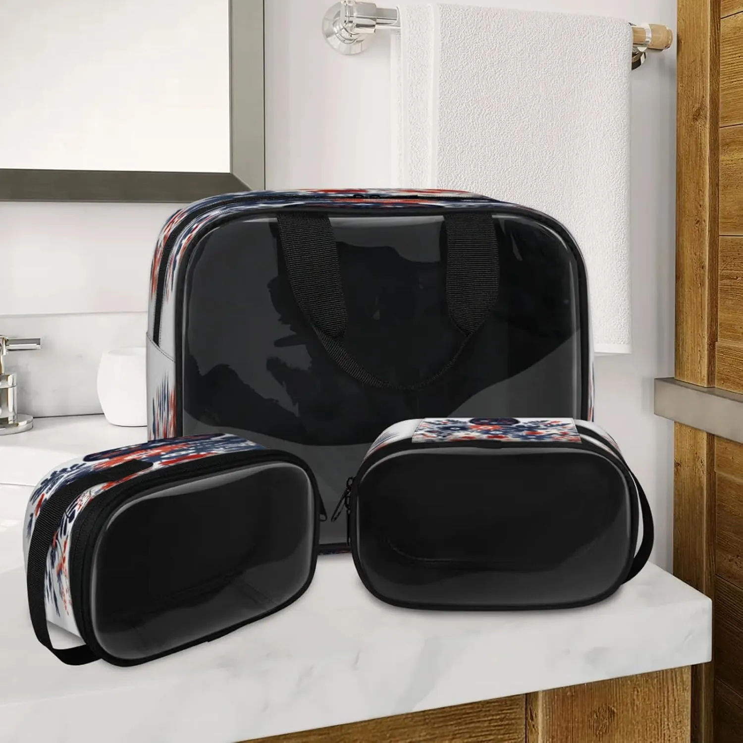 Clear Makeup Bag, 3 Pcs of Translucent Cosmetic Bags Set, Transparent Patriotic Independence Memorial Travel Makeup Pouch, Toiletry Bag (American 4th of July Blue Red Flower)