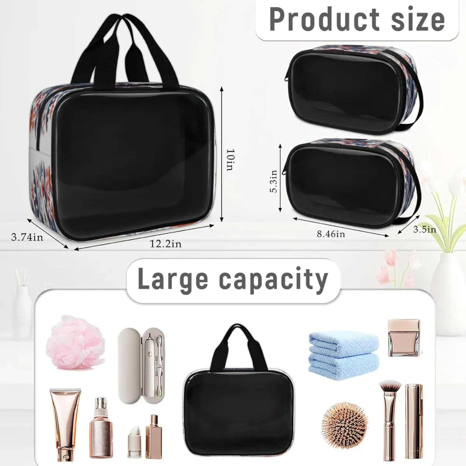 Clear Makeup Bag, 3 Pcs of Translucent Cosmetic Bags Set, Transparent Patriotic Independence Memorial Travel Makeup Pouch, Toiletry Bag (American 4th of July Blue Red Flower)