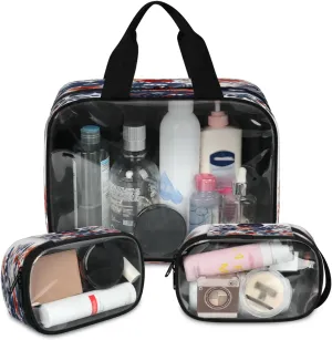 Clear Makeup Bag, 3 Pcs of Translucent Cosmetic Bags Set, Transparent Patriotic Independence Memorial Travel Makeup Pouch, Toiletry Bag (American 4th of July Blue Red Flower)
