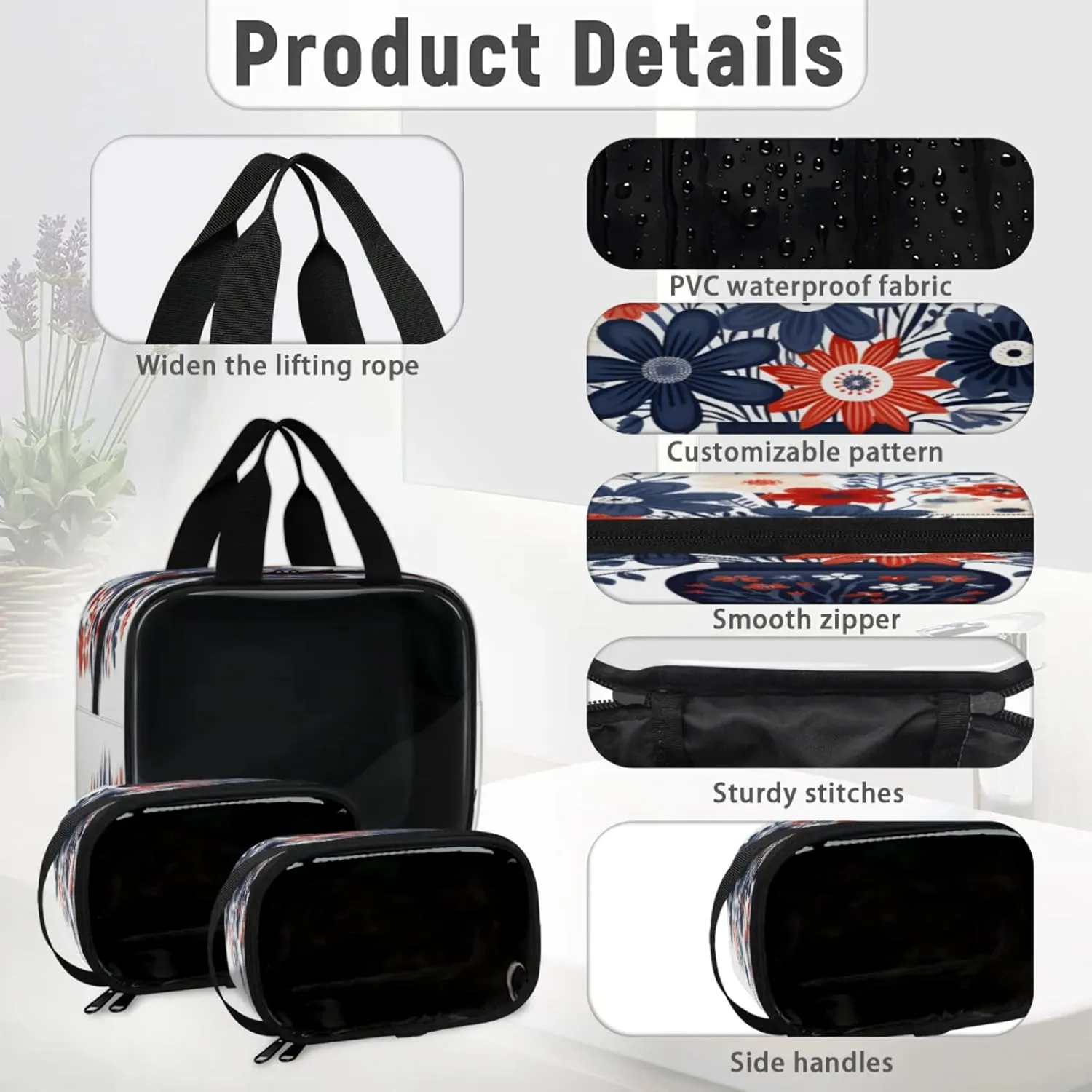 Clear Makeup Bag, 3 Pcs of Translucent Cosmetic Bags Set, Transparent Patriotic Independence Memorial Travel Makeup Pouch, Toiletry Bag (American 4th of July Blue Red Flower)