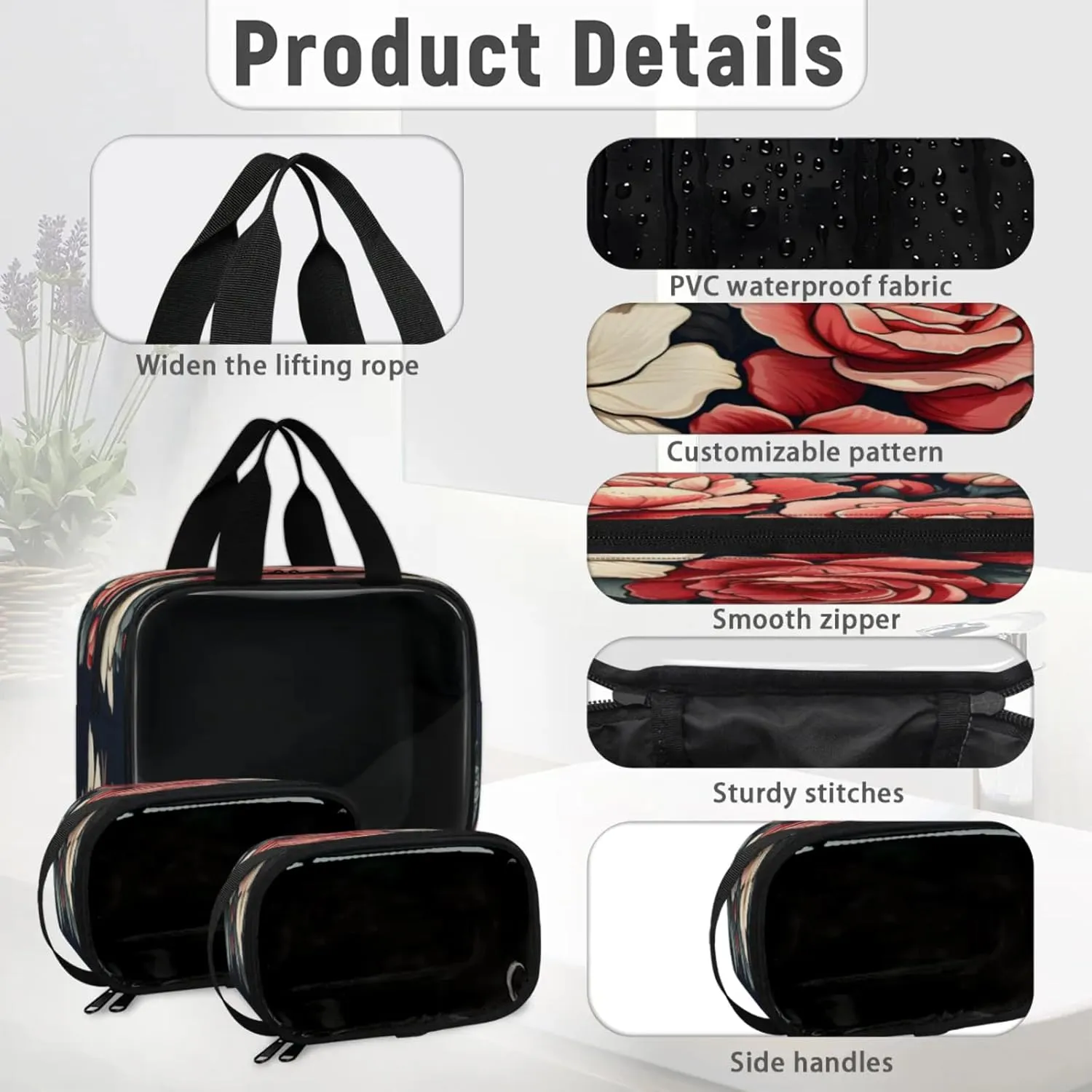 Clear Makeup Bag, 3 Pcs of Translucent Cosmetic Bags Set, Transparent Red Rose Travel Makeup Pouch, Waterproof Cute Toiletry Bag for Women (Valentine's Day)