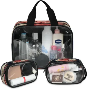 Clear Makeup Bag, 3 Pcs of Translucent Cosmetic Bags Set, Transparent Red Rose Travel Makeup Pouch, Waterproof Cute Toiletry Bag for Women (Valentine's Day)