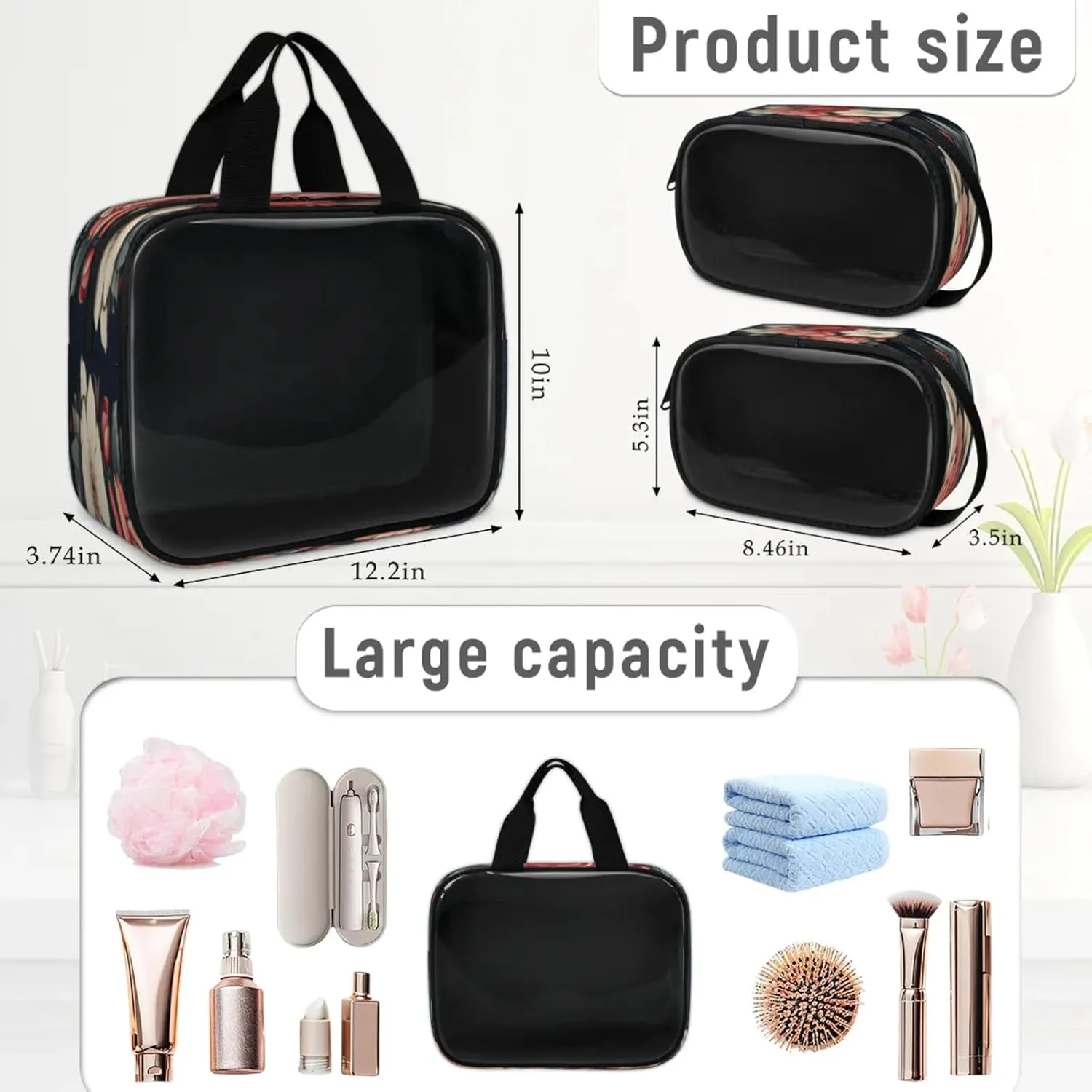Clear Makeup Bag, 3 Pcs of Translucent Cosmetic Bags Set, Transparent Red Rose Travel Makeup Pouch, Waterproof Cute Toiletry Bag for Women (Valentine's Day)