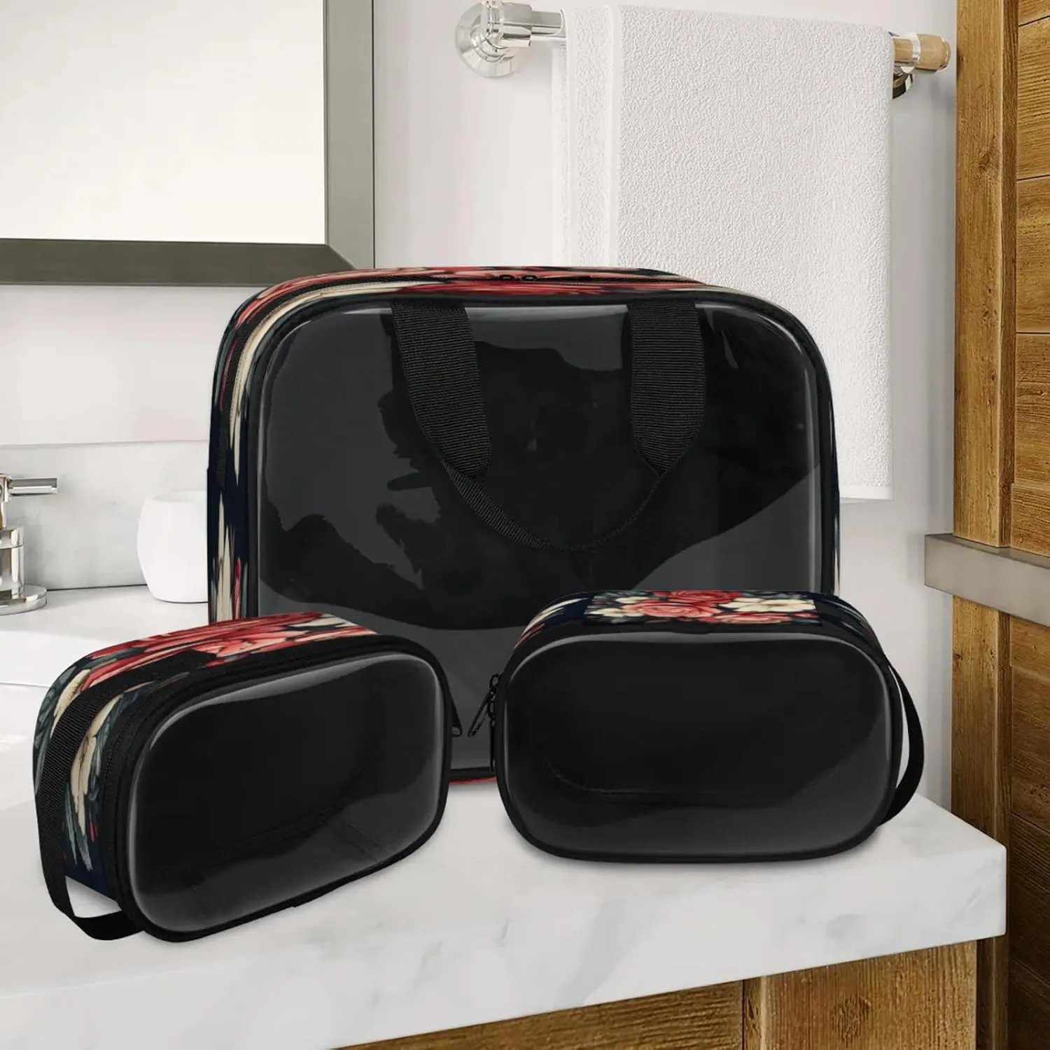 Clear Makeup Bag, 3 Pcs of Translucent Cosmetic Bags Set, Transparent Red Rose Travel Makeup Pouch, Waterproof Cute Toiletry Bag for Women (Valentine's Day)