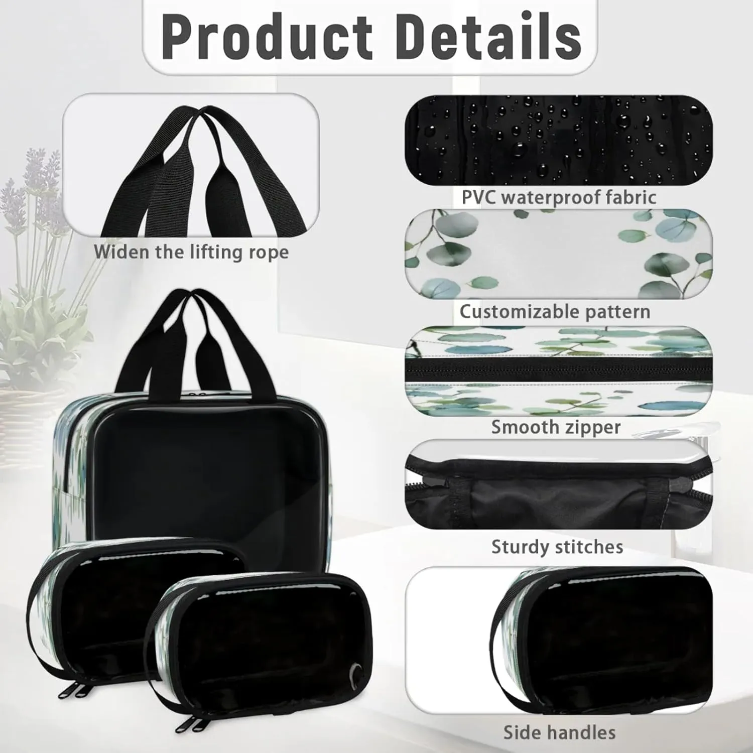 Clear Makeup Bag, 3 Pcs of Translucent Cosmetic Bags Set, Transparent Sage Green Eucalyptus Travel Makeup Pouch, Waterproof Cute Toiletry Bag for Women (Spring Watercolor Leaves Leaf)