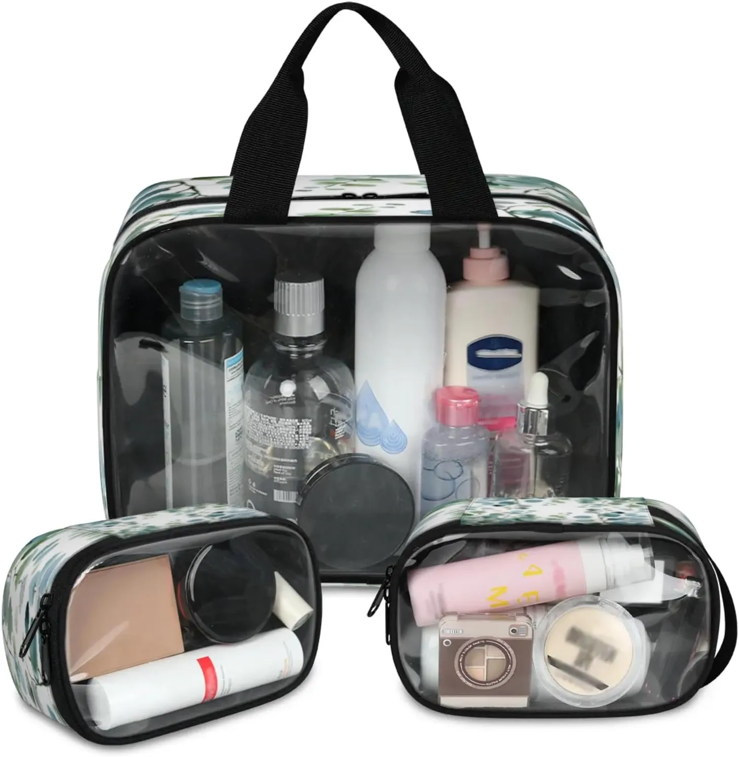 Clear Makeup Bag, 3 Pcs of Translucent Cosmetic Bags Set, Transparent Sage Green Eucalyptus Travel Makeup Pouch, Waterproof Cute Toiletry Bag for Women (Spring Watercolor Leaves Leaf)