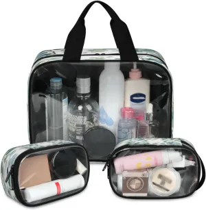 Clear Makeup Bag, 3 Pcs of Translucent Cosmetic Bags Set, Transparent Sage Green Eucalyptus Travel Makeup Pouch, Waterproof Cute Toiletry Bag for Women (Spring Watercolor Leaves Leaf)