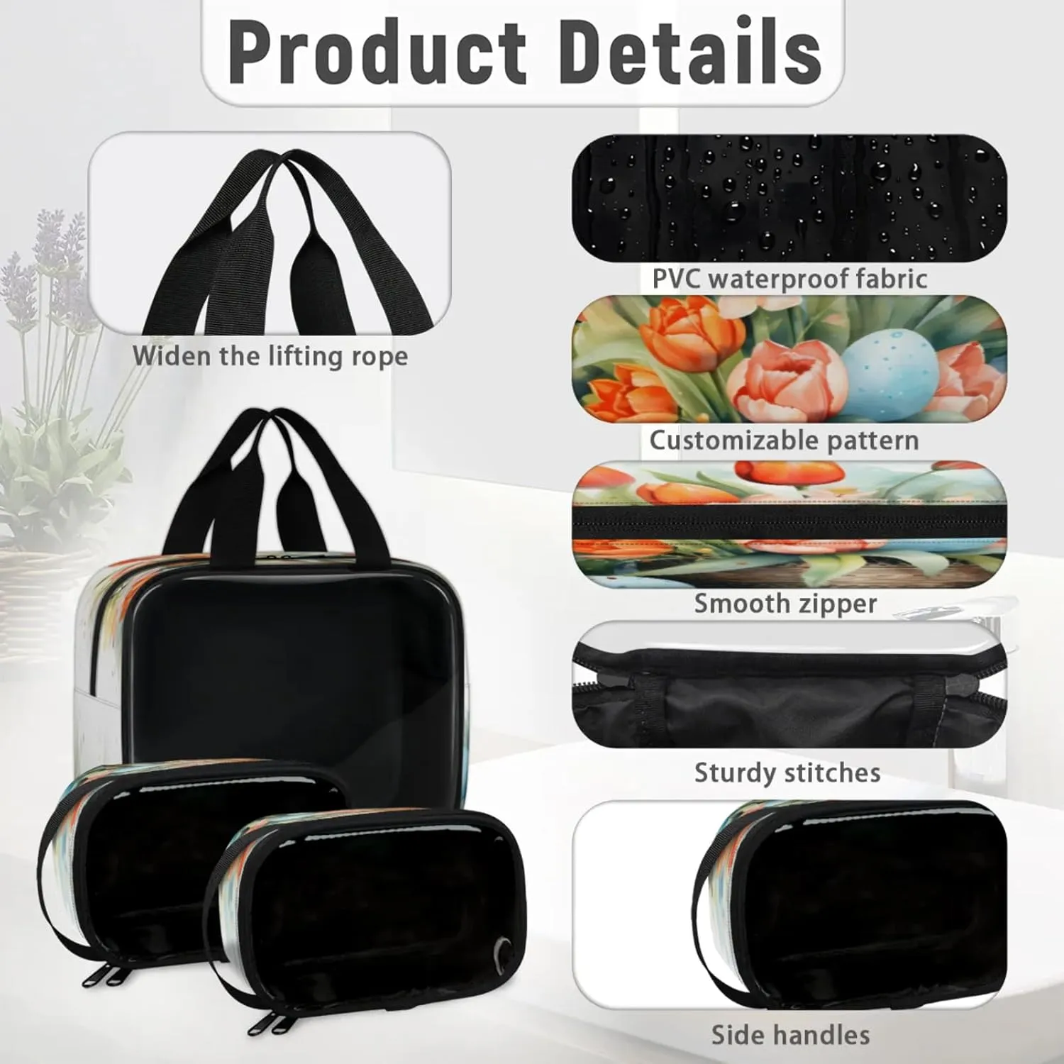Clear Makeup Bag, 3 Pcs of Translucent Cosmetic Bags Set, Transparent Tulips Floral Travel Makeup Pouch, Waterproof Cute Toiletry Bag for Women (Tulips Flower Bed)