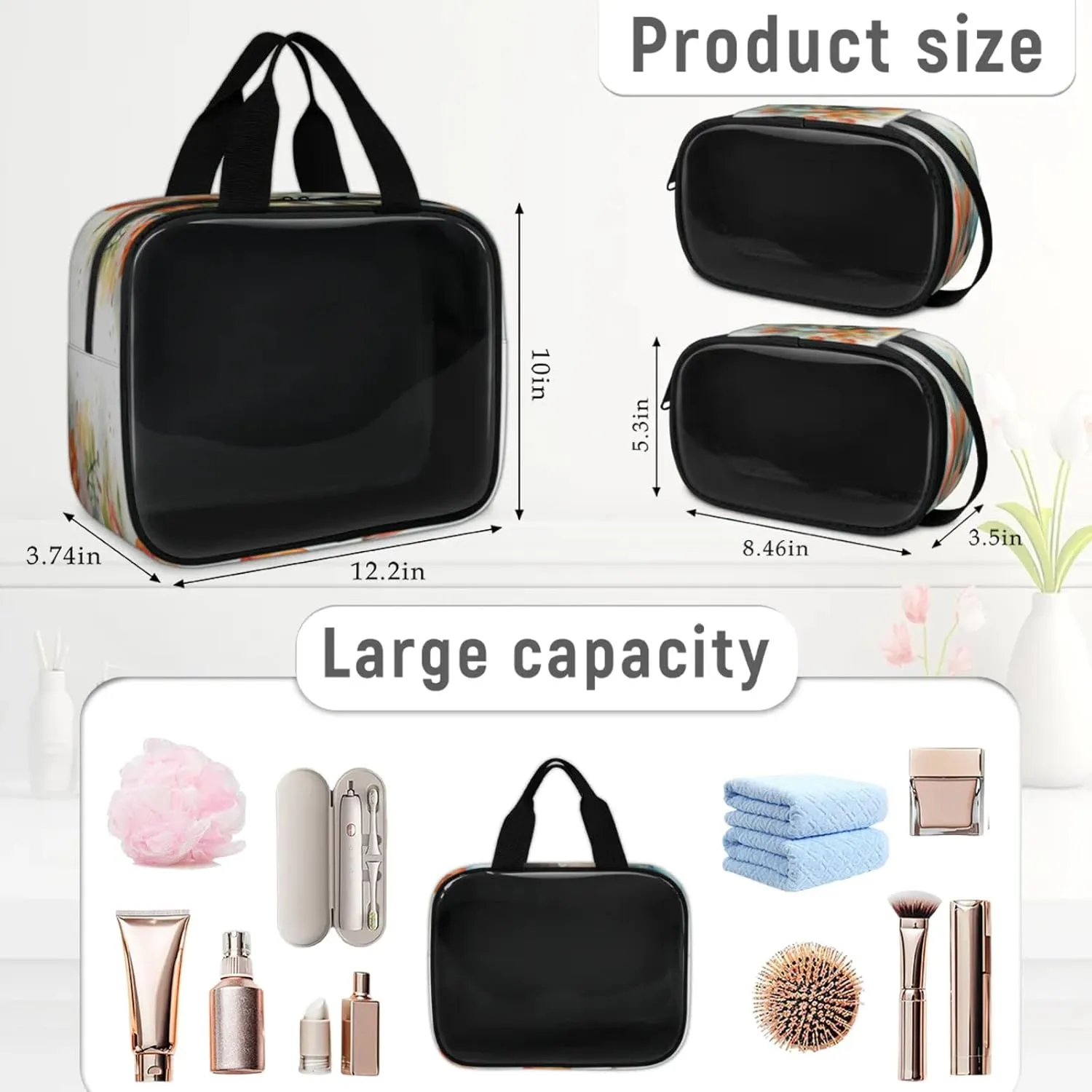 Clear Makeup Bag, 3 Pcs of Translucent Cosmetic Bags Set, Transparent Tulips Floral Travel Makeup Pouch, Waterproof Cute Toiletry Bag for Women (Tulips Flower Bed)