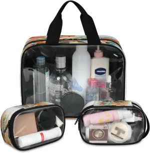 Clear Makeup Bag, 3 Pcs of Translucent Cosmetic Bags Set, Transparent Tulips Floral Travel Makeup Pouch, Waterproof Cute Toiletry Bag for Women (Tulips Flower Bed)