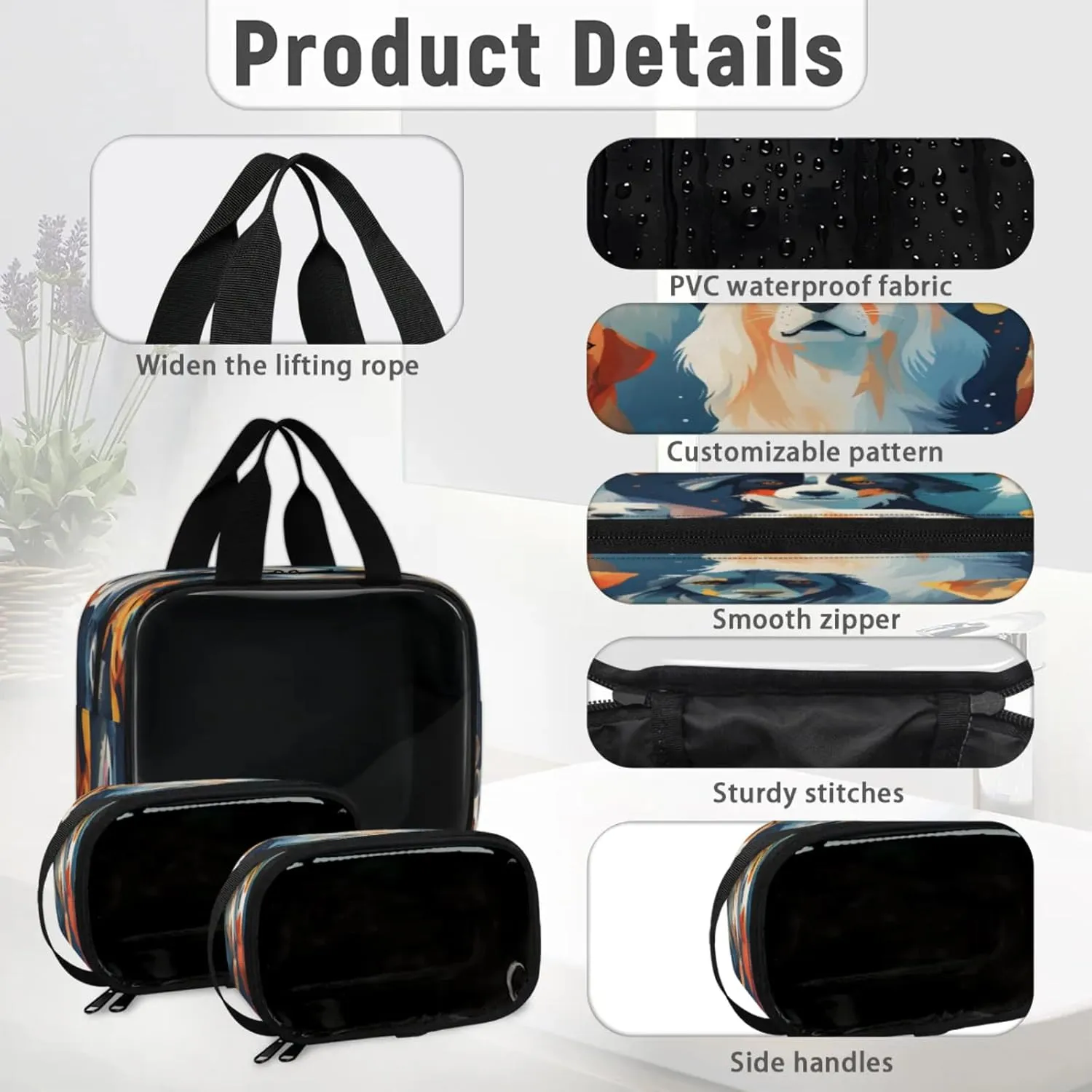Clear Makeup Bag 3 Pieces Dog Print Toiletry Bag Portable Cosmetic Pouch Travel Organizer Water-resistant Translucent Cosmetic Bags with Pet Dogs
