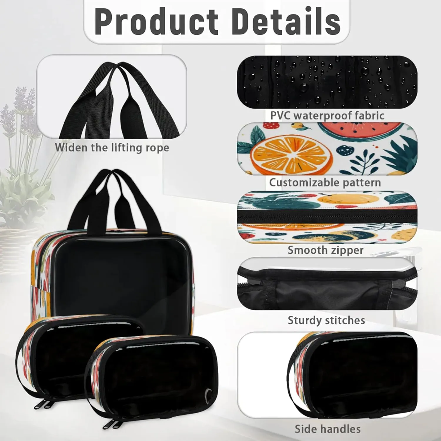 Clear Makeup Bag 3 Pieces Fruit Toiletry Bag Portable Cosmetic Pouch Travel Organizer Water-resistant Translucent Cosmetic Bags with Summer Fruits