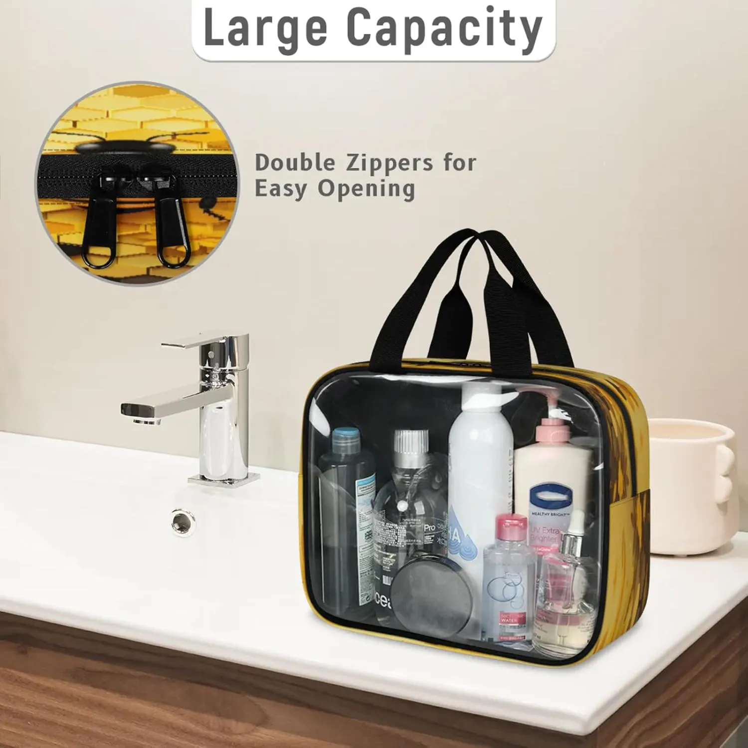 Clear Makeup Bag 3 Pieces Honeycomb Bee Toiletry Bag Portable Cosmetic Pouch Travel Organizer Water-resistant Translucent Cosmetic Bags with Animal Bee