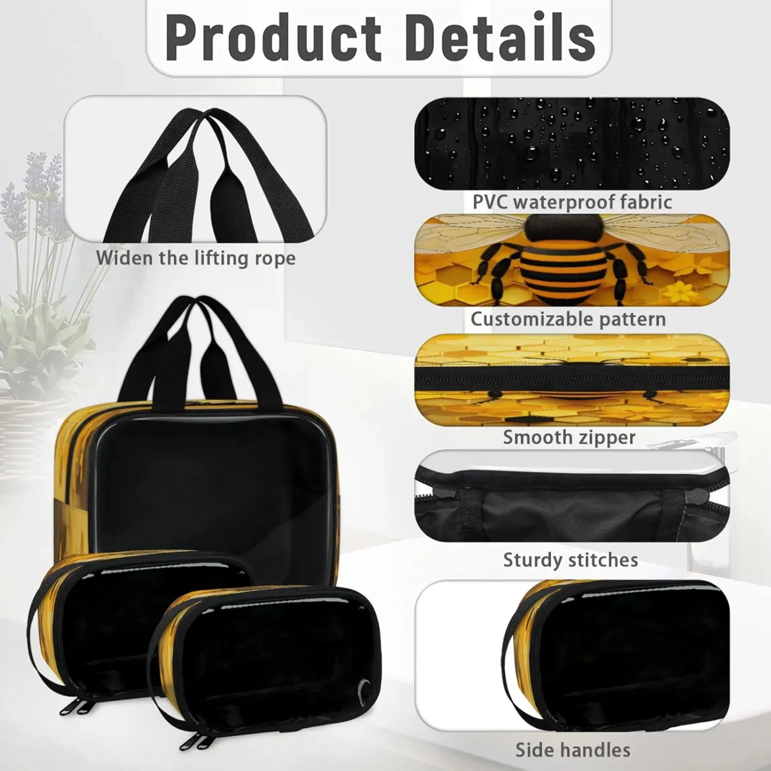 Clear Makeup Bag 3 Pieces Honeycomb Bee Toiletry Bag Portable Cosmetic Pouch Travel Organizer Water-resistant Translucent Cosmetic Bags with Animal Bee