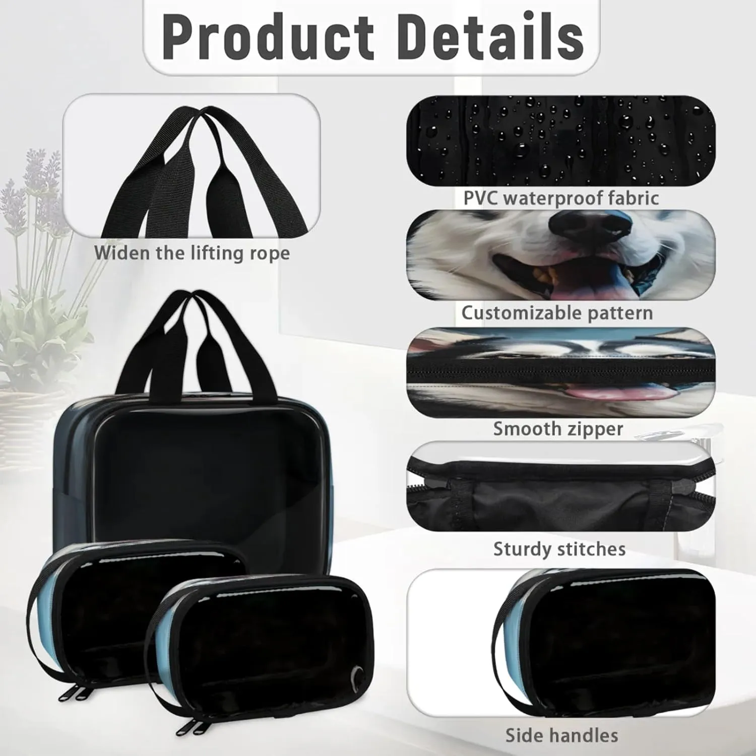 Clear Makeup Bag 3 Pieces Husky Dog Toiletry Bag Portable Cosmetic Pouch Travel Organizer Water-resistant Translucent Cosmetic Bags with Dog Print