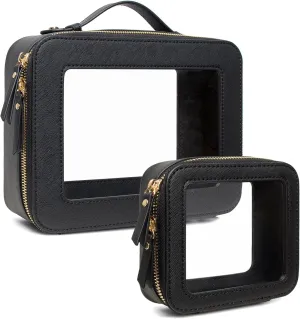 Clear Makeup Bags TSA Approved Toiletry Bag Handle Large Opening,Clear Toiletry Bags for Carry-on Traveling Travel Car Accessories Essentials Organziation Storage for Women Girls(Black, Mini&Large)