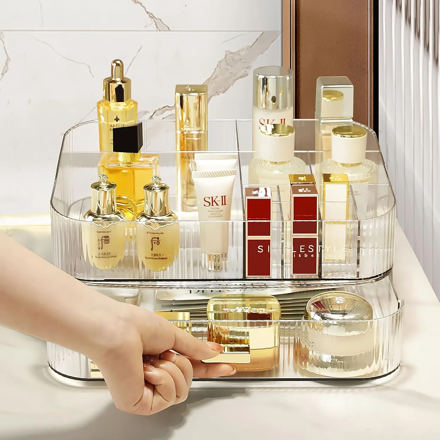 Clear Makeup Organizer for Vanity, Large Desk Organizer with Stackable Drawer for Cosmetics, Skincare, Lipsticks, Palette, Nail Care, Ideal Storage for Dresser and Bathroom Countertop