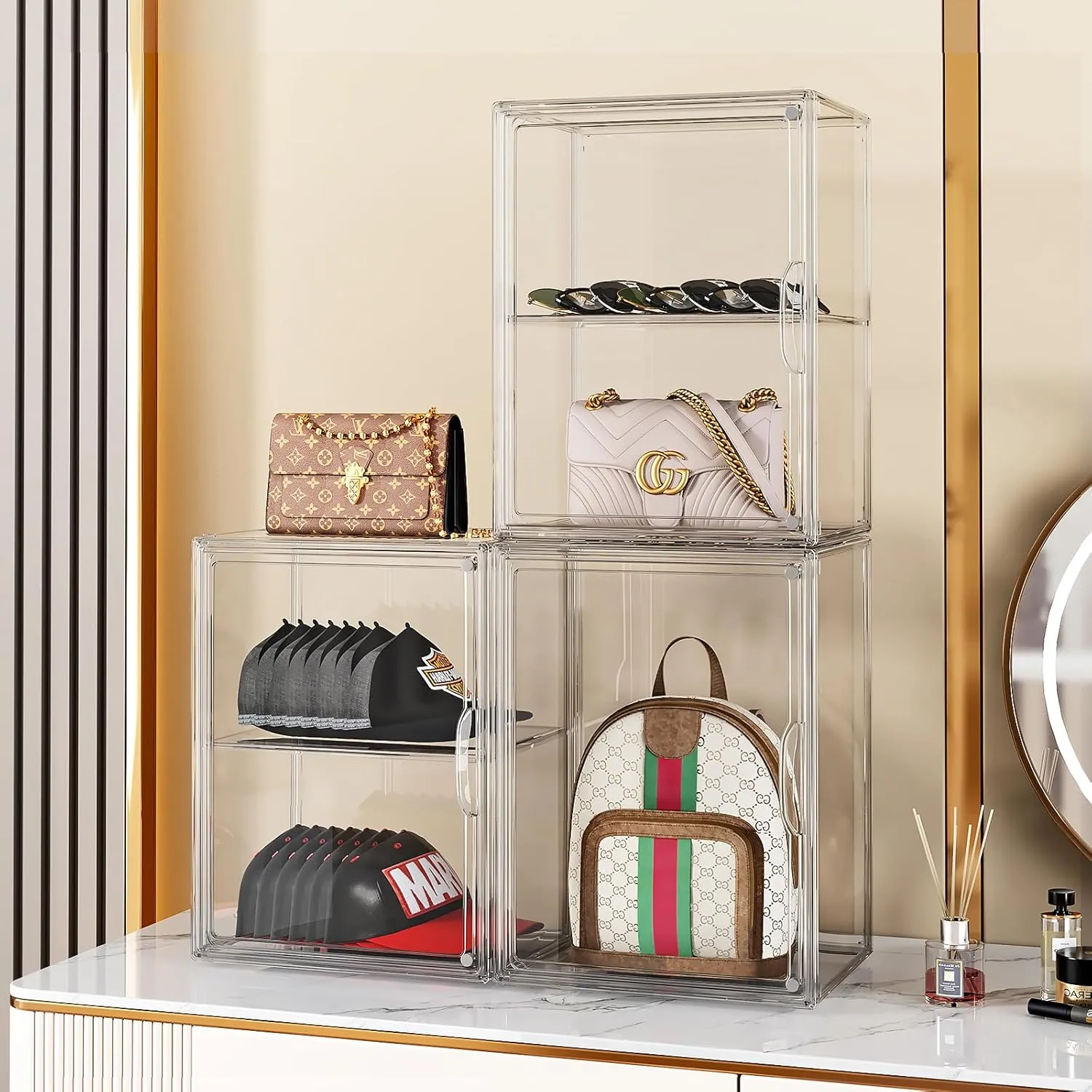 Clear Purse Organizer for Closet 1 Pack Clear Handbag Storage Organizer, Stackable Acrylic Display Case with Adjustable Divider for Purse, Handbag, Backpack, Wallet, Collectibles, XXX-Large