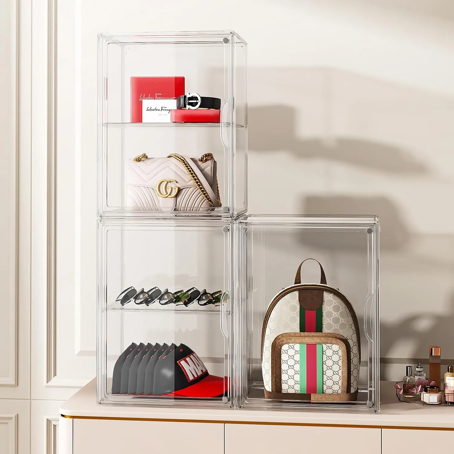 Clear Purse Organizer for Closet 1 Pack Clear Handbag Storage Organizer, Stackable Acrylic Display Case with Adjustable Divider for Purse, Handbag, Backpack, Wallet, Collectibles, XXX-Large