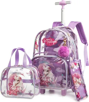 Clear Rolling Backpack Kids Wheeled School Bookbag for Boys and Girls (Pink)