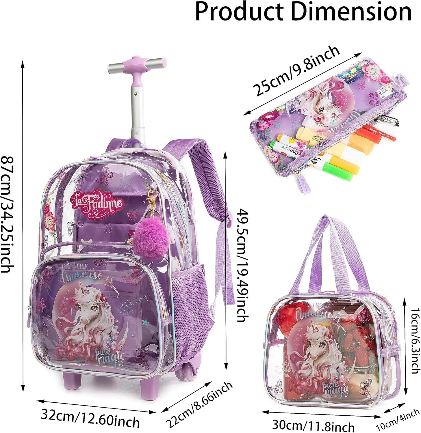 Clear Rolling Backpack Kids Wheeled School Bookbag for Boys and Girls (Pink)