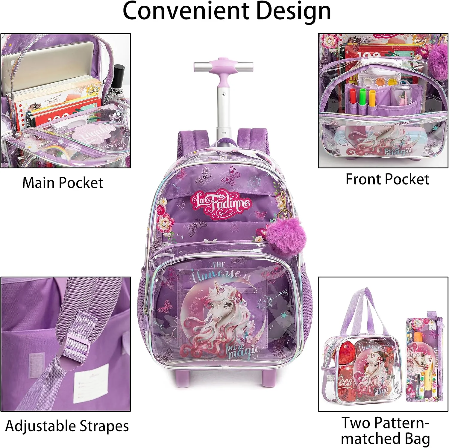 Clear Rolling Backpack Kids Wheeled School Bookbag for Boys and Girls (Pink)