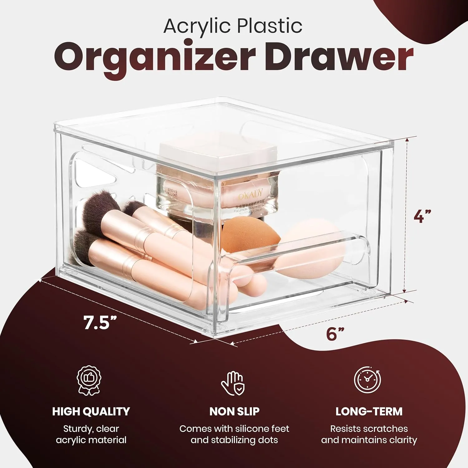 Clear Stackable Storage Drawers - 4-PACK - Acrylic Plastic Organizer Drawer for Bathroom Vanity Cabinet, Kitchen Countertop, Small Office Organization. Easily Organize All Cosmetic Makeup Supplies.