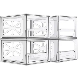 Clear Stackable Storage Drawers - 4-PACK - Acrylic Plastic Organizer Drawer for Bathroom Vanity Cabinet, Kitchen Countertop, Small Office Organization. Easily Organize All Cosmetic Makeup Supplies.