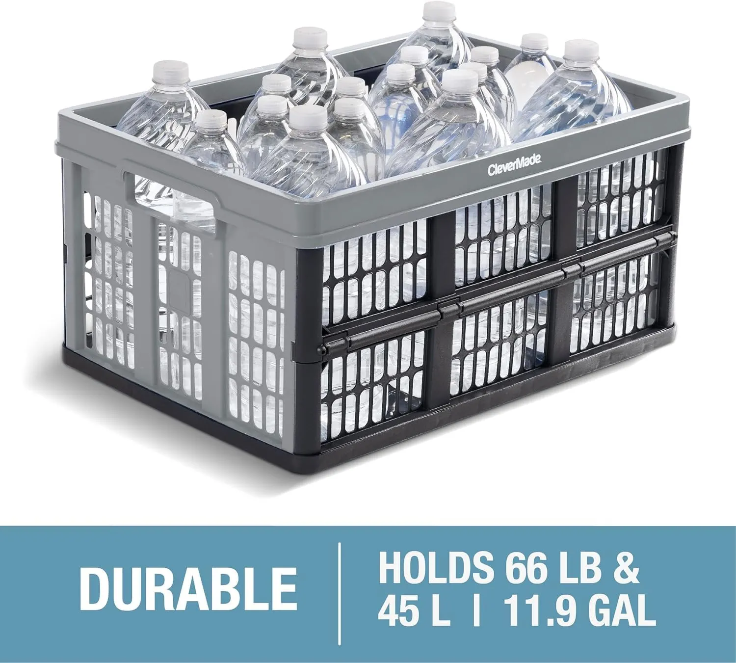 CleverMade Collapsible Utility Crates-Obsidian 1pck 45L / 11 Gal holds 66 lbs - Stackable Containers Heavy Duty Capacity Crates - Space-Saving Baskets