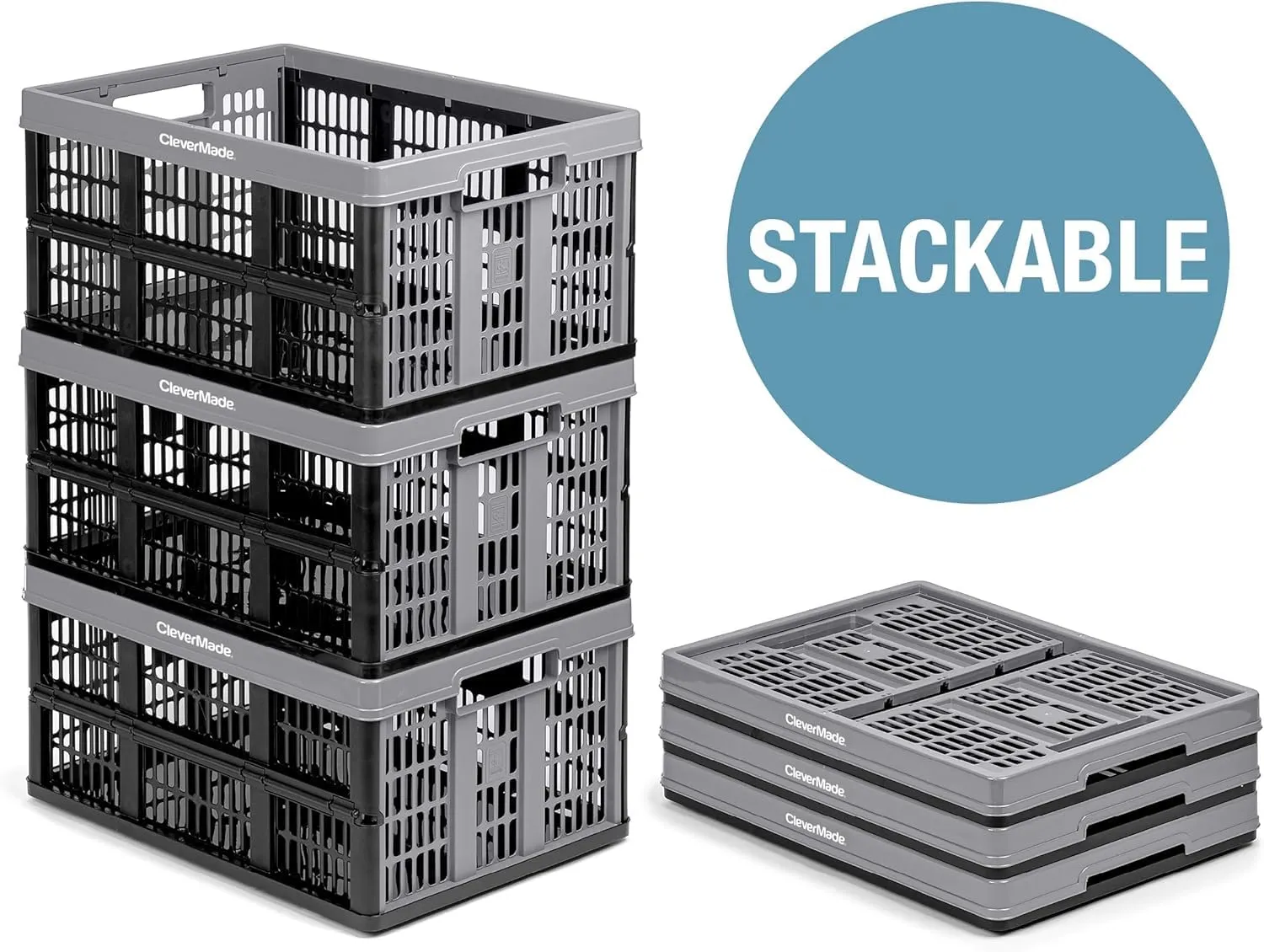 CleverMade Collapsible Utility Crates-Obsidian 1pck 45L / 11 Gal holds 66 lbs - Stackable Containers Heavy Duty Capacity Crates - Space-Saving Baskets