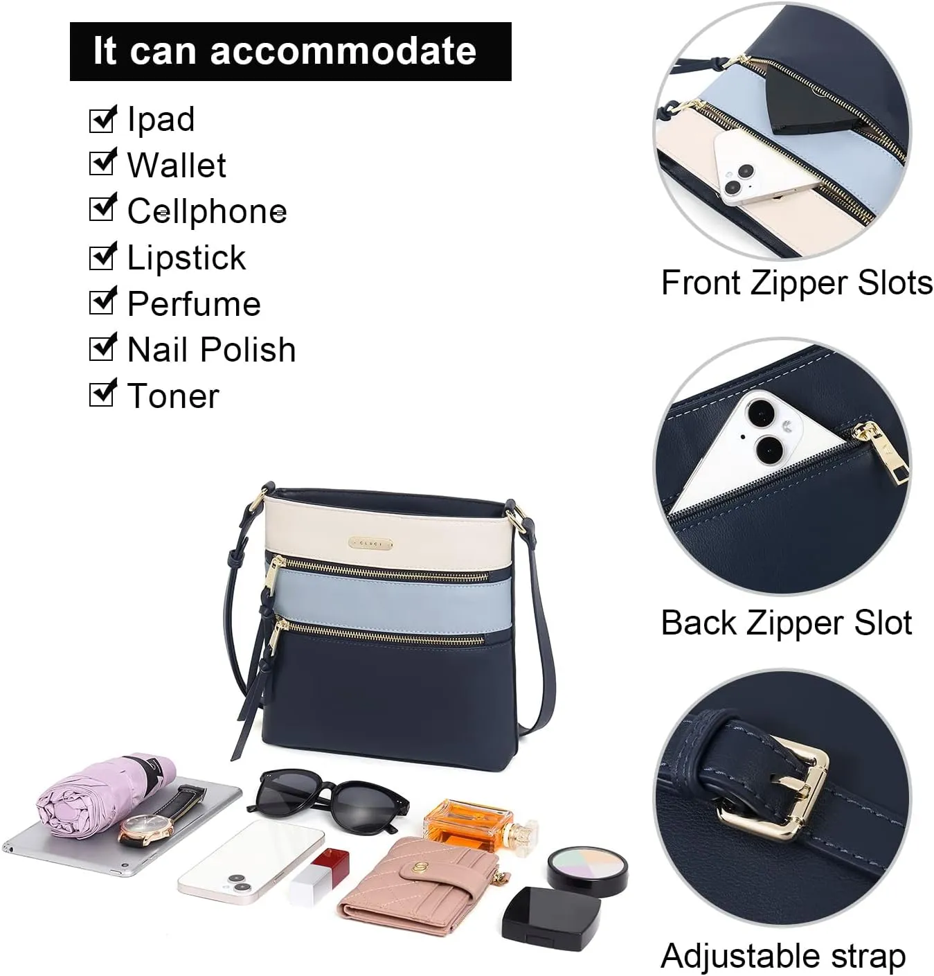 CLUCI Crossbody Purses for Women, Medium Size Zipper Pocket Adjustable Strap, Soft Leather Women's Shoulder Handbags