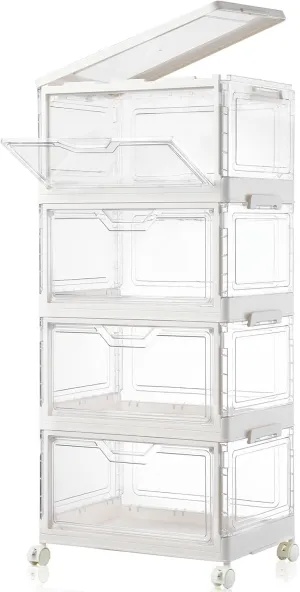 Collapsible Plastic Storage Bins with WheelsClear Stackable Storage Bins with Lids Stackable Storage Bins with Open Door Folding Storage Bins Organizer for Closet Bedroom Living Room