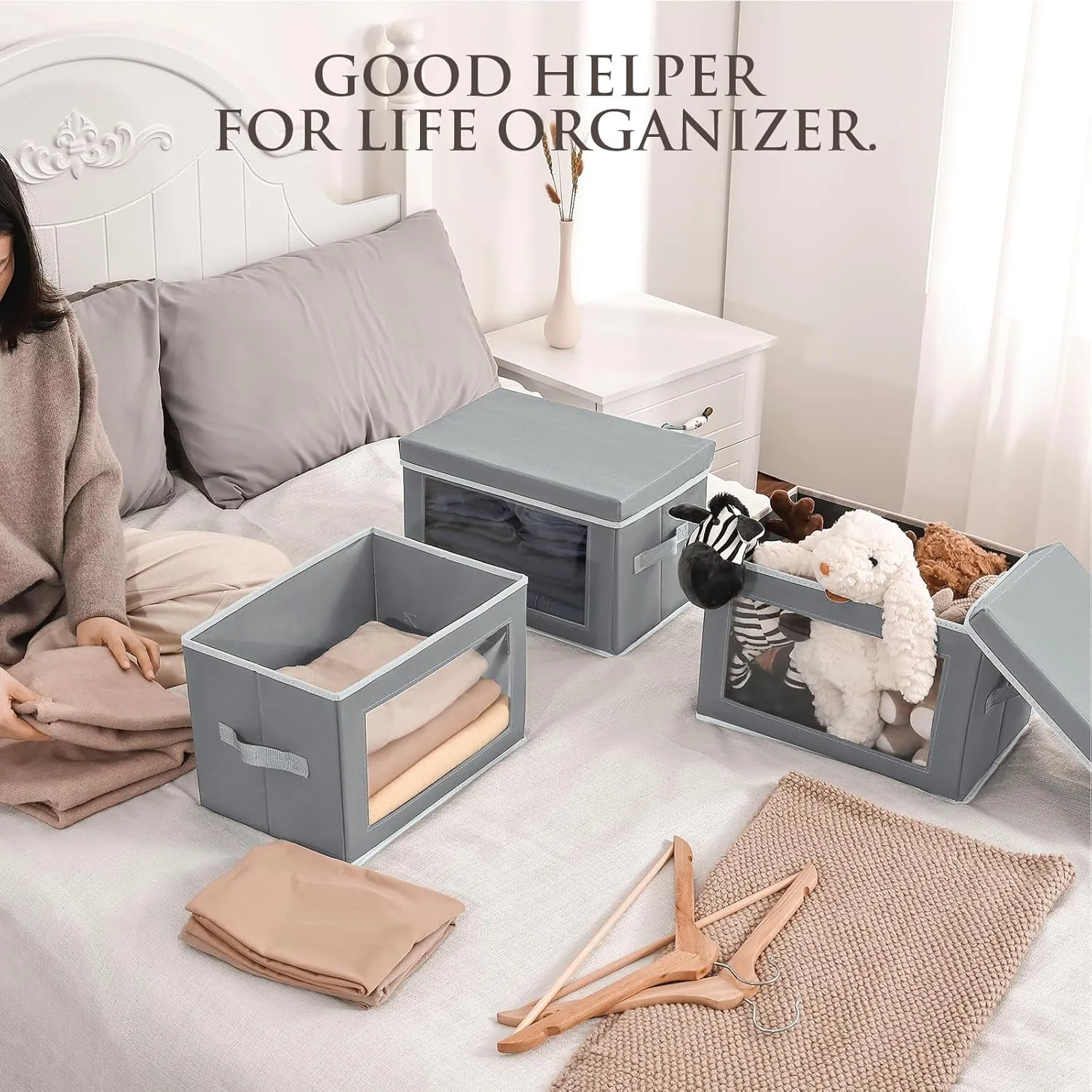 Collapsible Storage Bins with Lids, 4 Pack Closet Bins for Organization, Closet Storage Baksets with Window, Closet organizers and Storage Cubes for Towels, Clothes, Light Grey