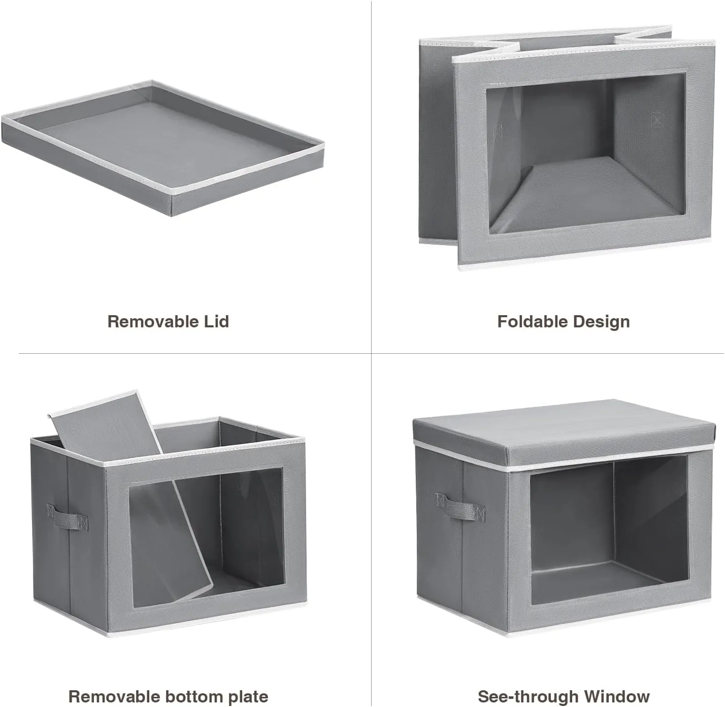Collapsible Storage Bins with Lids, 4 Pack Closet Bins for Organization, Closet Storage Baksets with Window, Closet organizers and Storage Cubes for Towels, Clothes, Light Grey