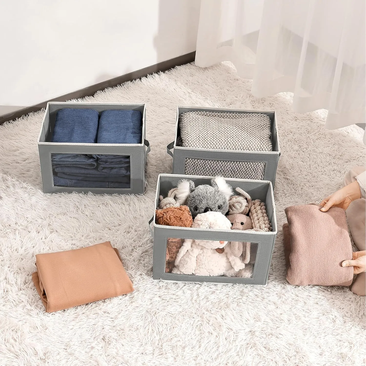 Collapsible Storage Bins with Lids, 4 Pack Closet Bins for Organization, Closet Storage Baksets with Window, Closet organizers and Storage Cubes for Towels, Clothes, Light Grey