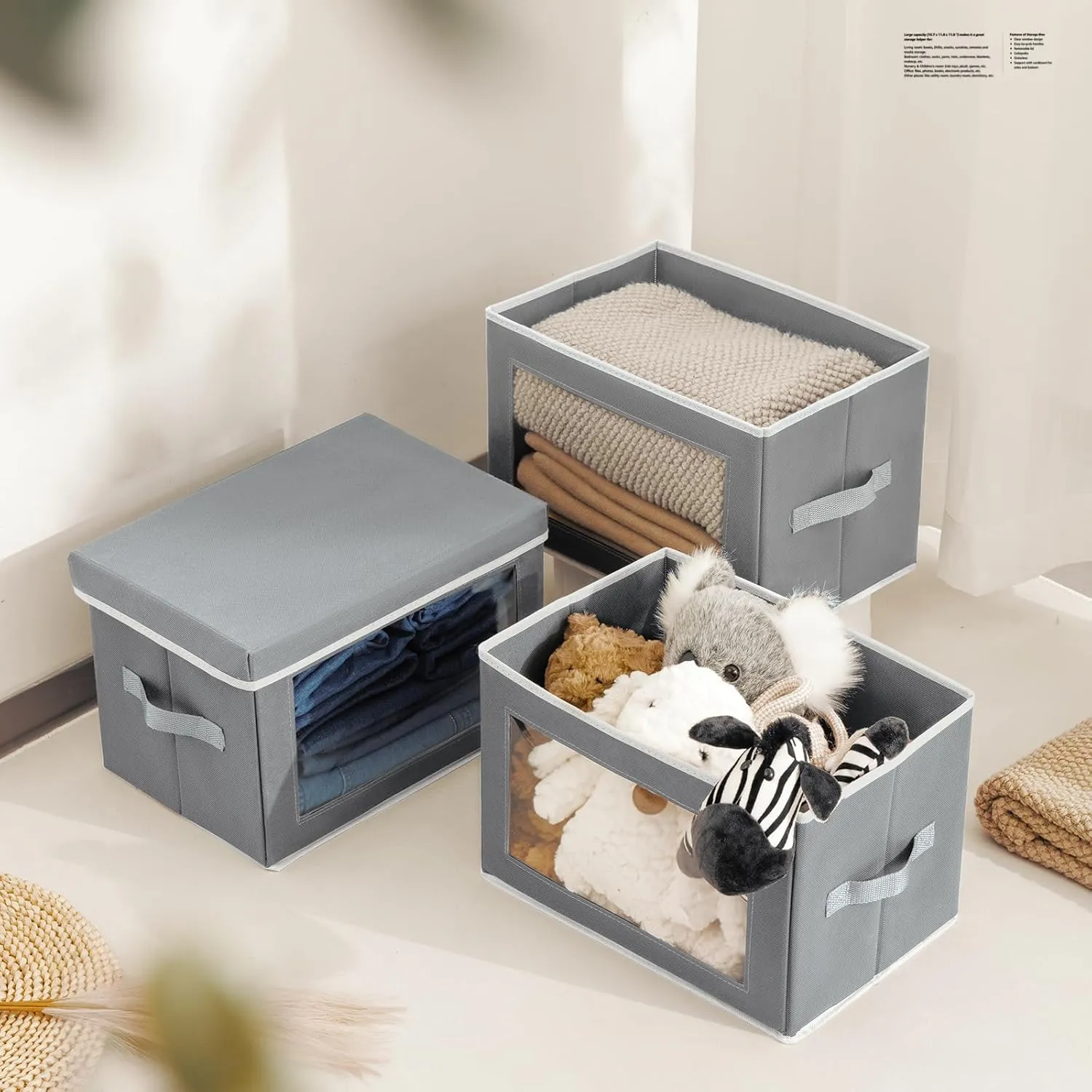 Collapsible Storage Bins with Lids, 4 Pack Closet Bins for Organization, Closet Storage Baksets with Window, Closet organizers and Storage Cubes for Towels, Clothes, Light Grey