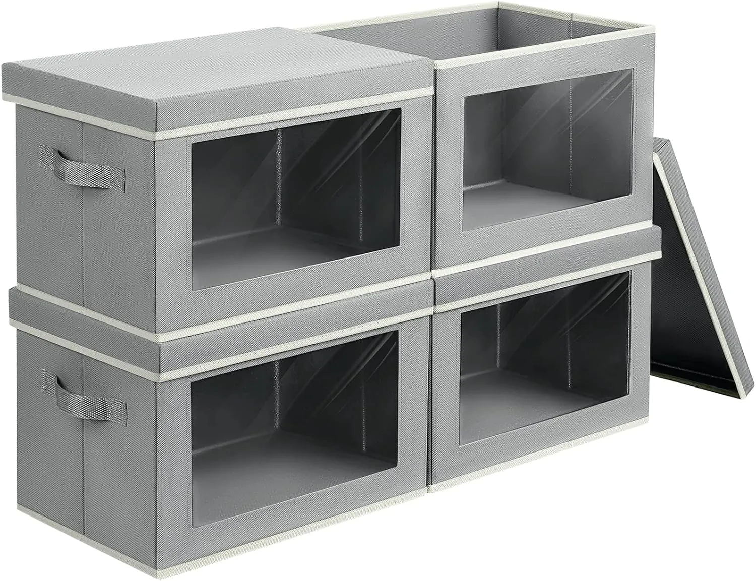 Collapsible Storage Bins with Lids, 4 Pack Closet Bins for Organization, Closet Storage Baksets with Window, Closet organizers and Storage Cubes for Towels, Clothes, Light Grey
