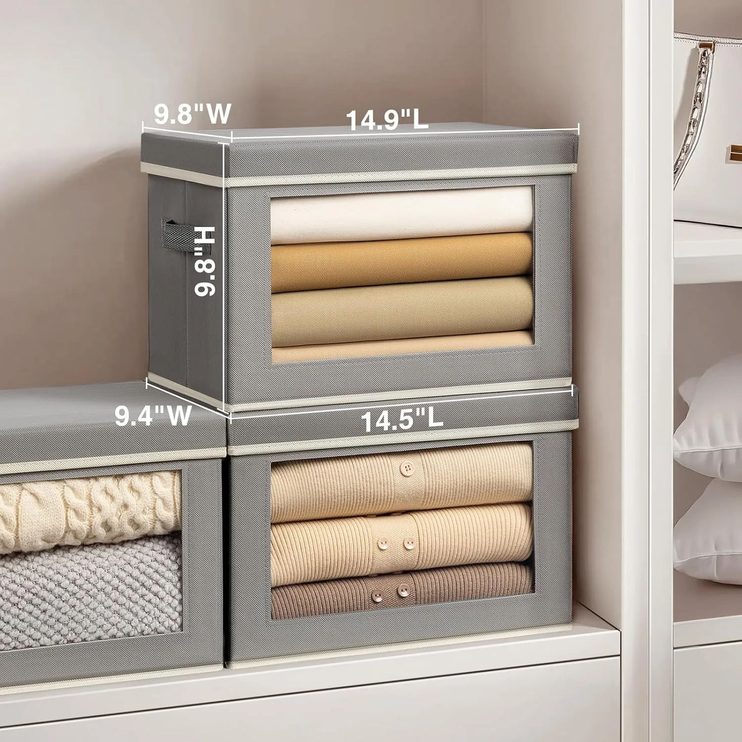 Collapsible Storage Bins with Lids, 4 Pack Closet Bins for Organization, Closet Storage Baksets with Window, Closet organizers and Storage Cubes for Towels, Clothes, Light Grey