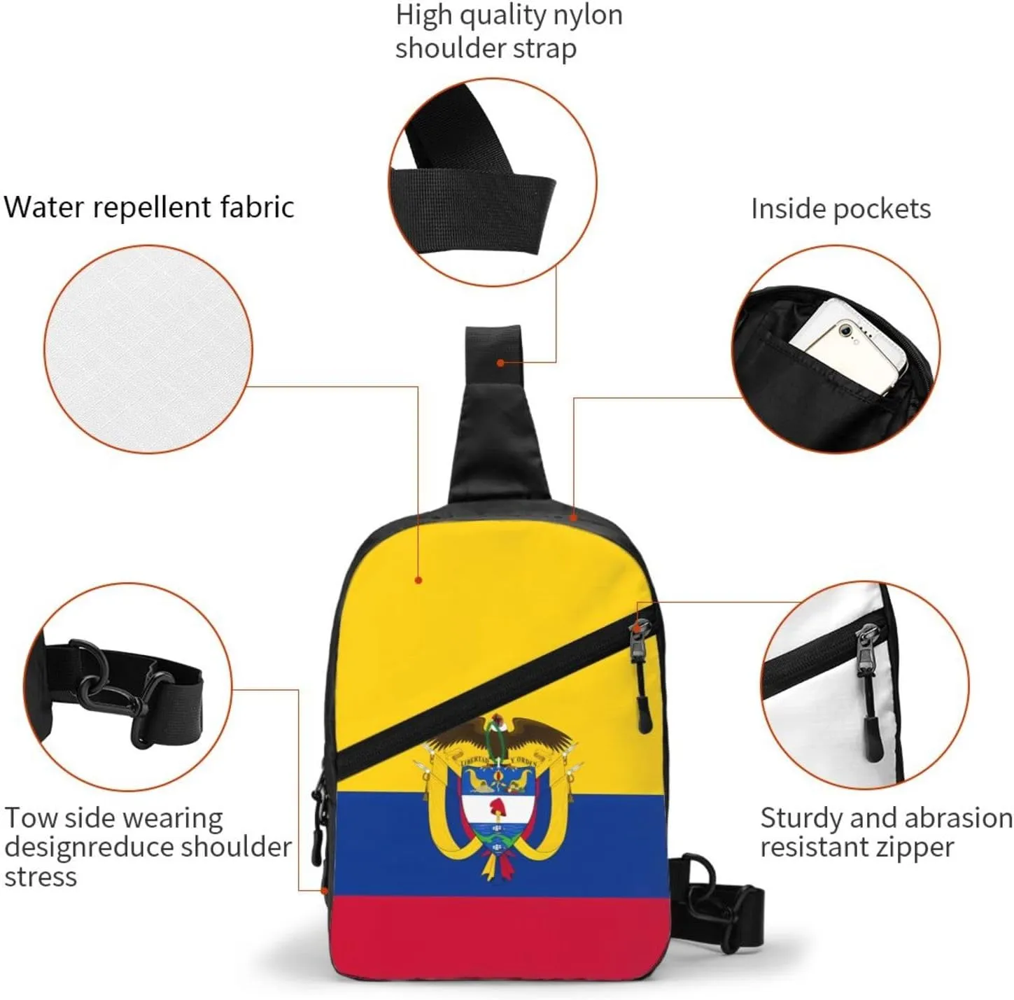Colombia Coat of Arms Flag Colombian Flags Packable Crossbody Bag Portable Sling Bags Foldable Travel Daypack Reusable Sports Shoulder Backpack Diagonally Chest Bag for Workout