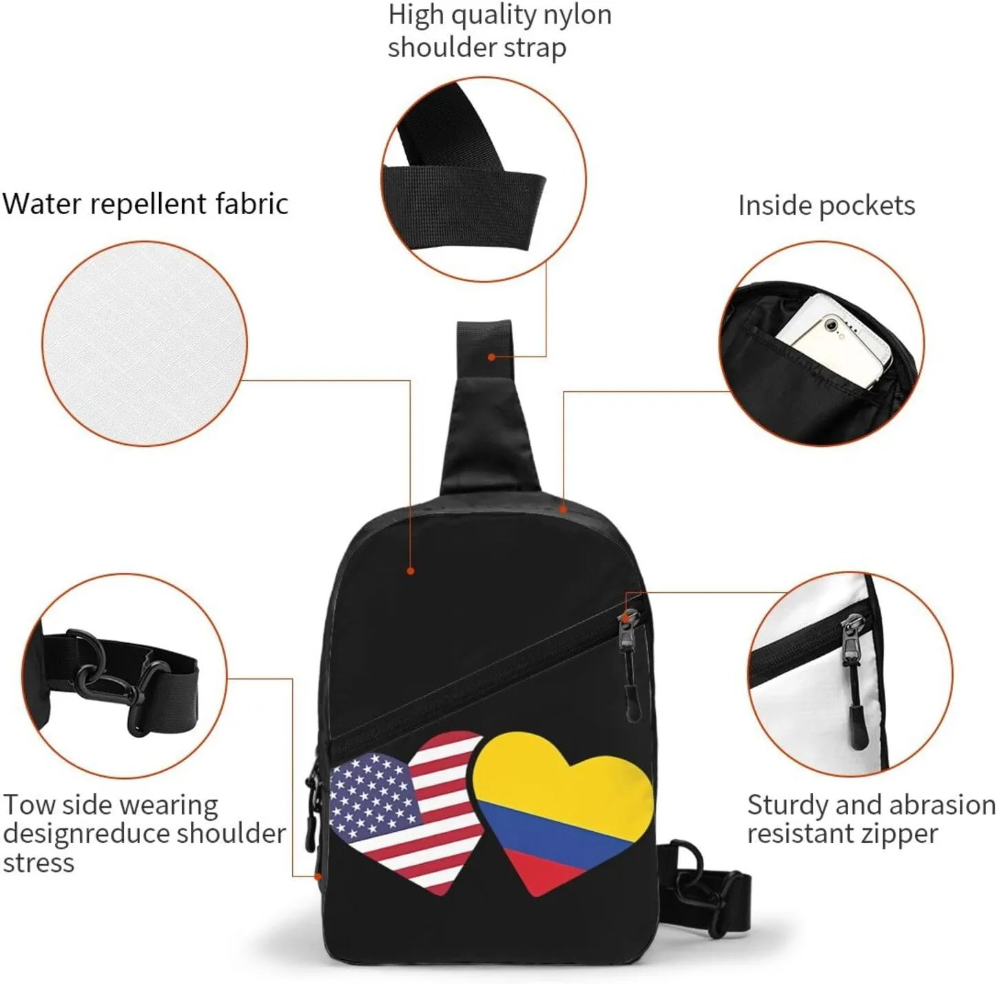 Colombia Flag Heart Colombian American Love Packable Crossbody Bag Portable Sling Bags Foldable Travel Daypack Reusable Sports Shoulder Backpack Diagonally Chest Bag for Workout