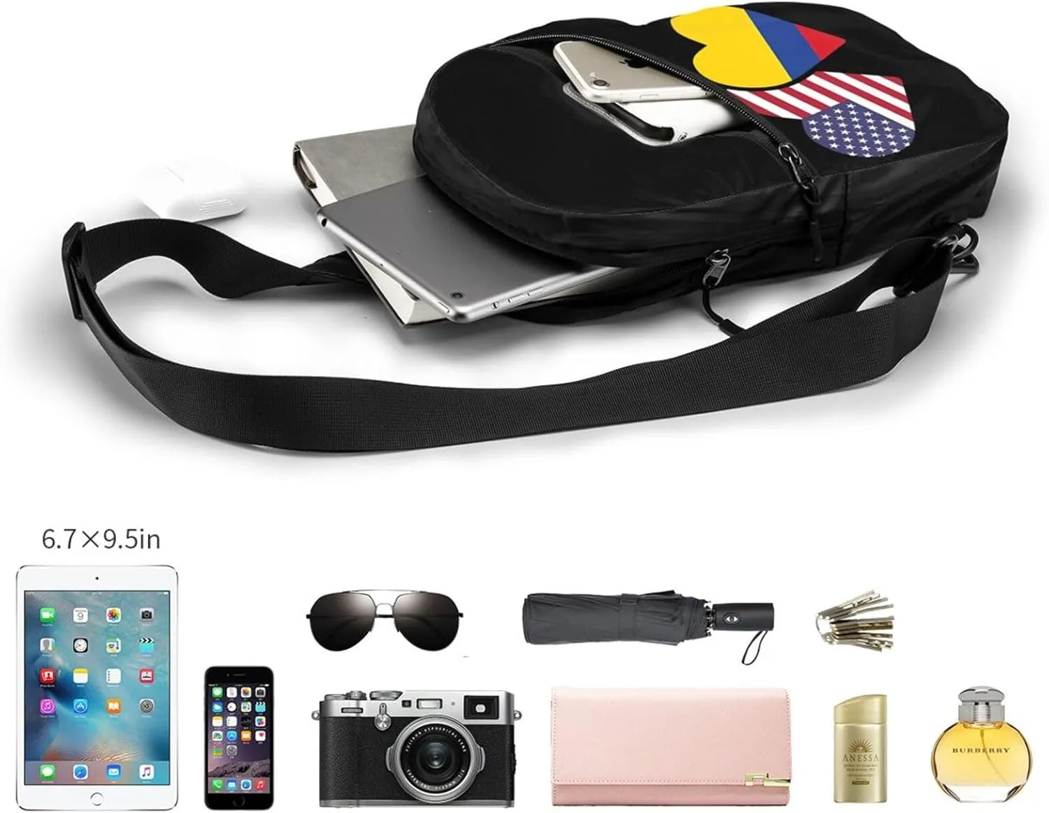 Colombia Flag Heart Colombian American Love Packable Crossbody Bag Portable Sling Bags Foldable Travel Daypack Reusable Sports Shoulder Backpack Diagonally Chest Bag for Workout
